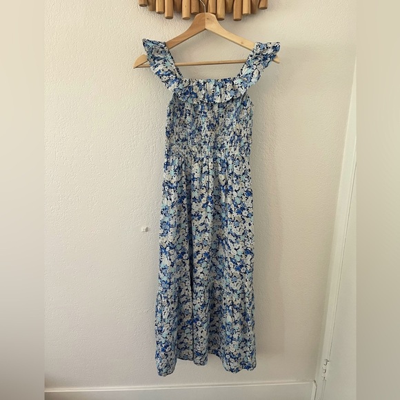 GAP Ruffle Neck Midi Dress Blue Floral Smocked Small Shirred Ruffle - Picture 2 of 14